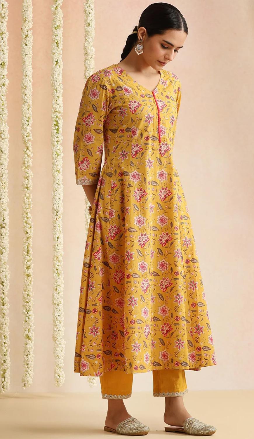 LAEMEEO Women's Floral Printed Cotton A-Line Kurta with Trousers & Dupatta