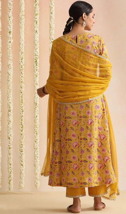 LAEMEEO Women's Floral Printed Cotton A-Line Kurta with Trousers & Dupatta