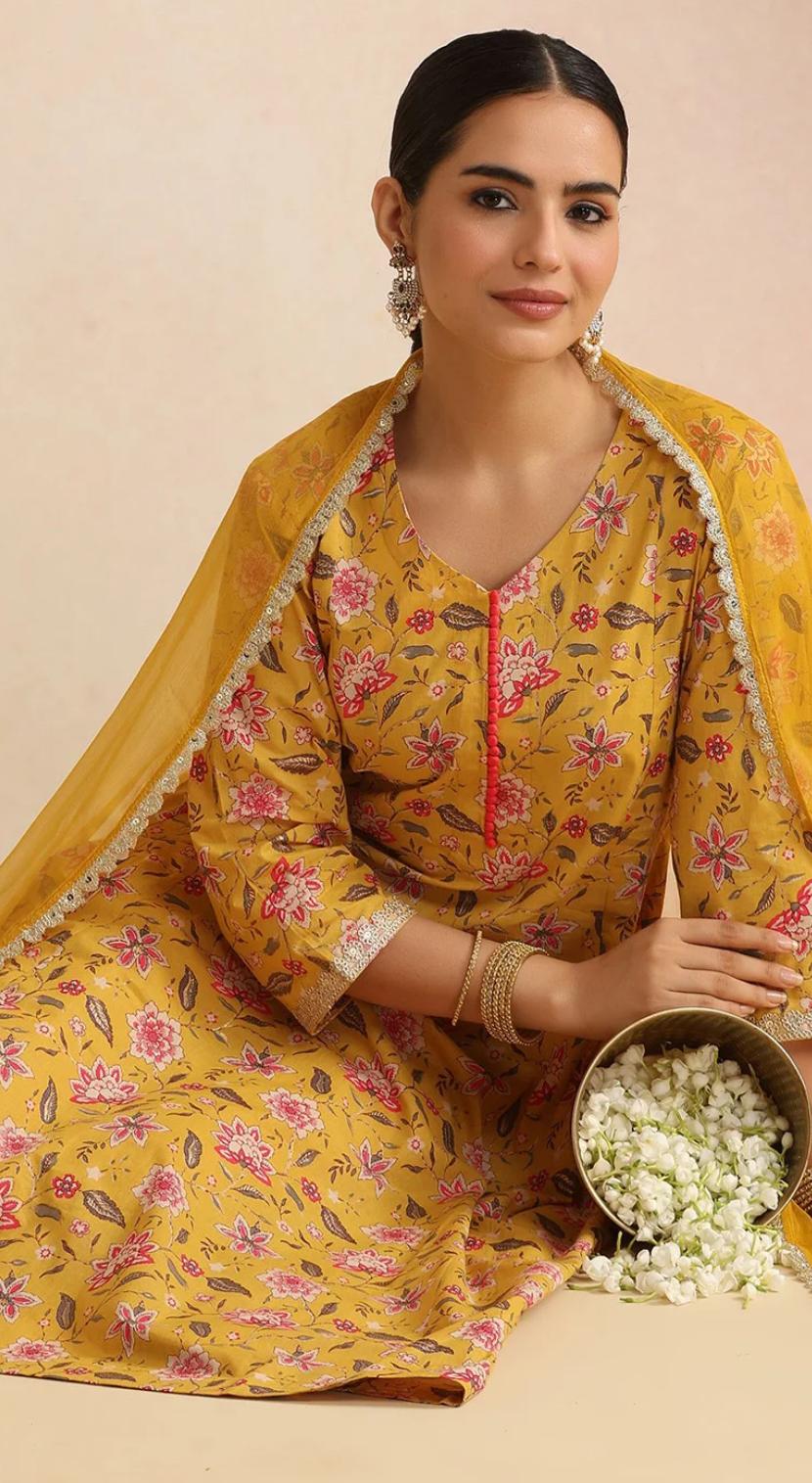 LAEMEEO Women's Floral Printed Cotton A-Line Kurta with Trousers & Dupatta