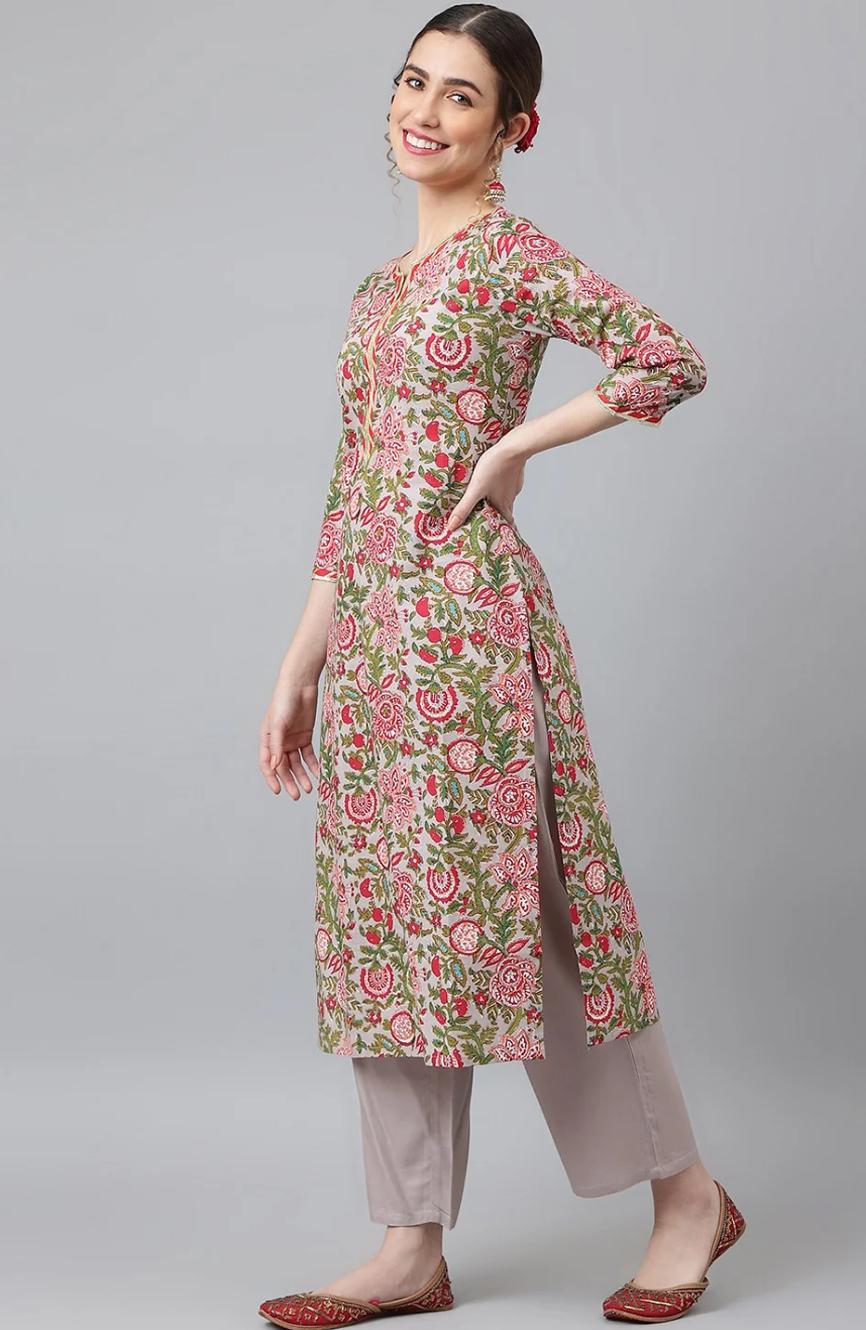 LAEMEEO Women's Grey Floral Printed Kurta with Trousers & With Dupatta
