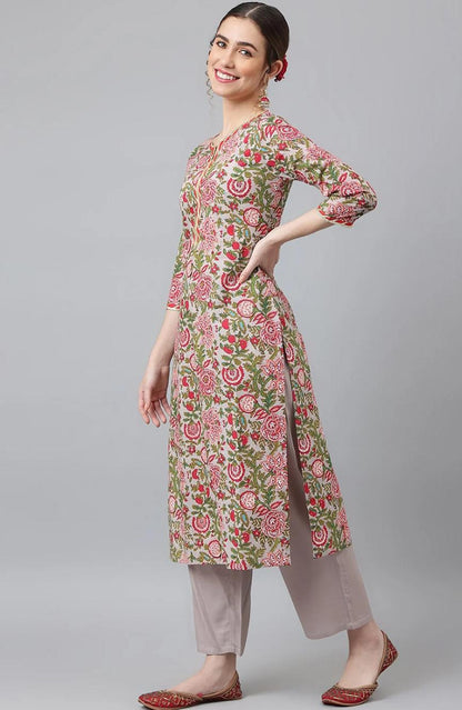 LAEMEEO Women's Grey Floral Printed Kurta with Trousers & With Dupatta