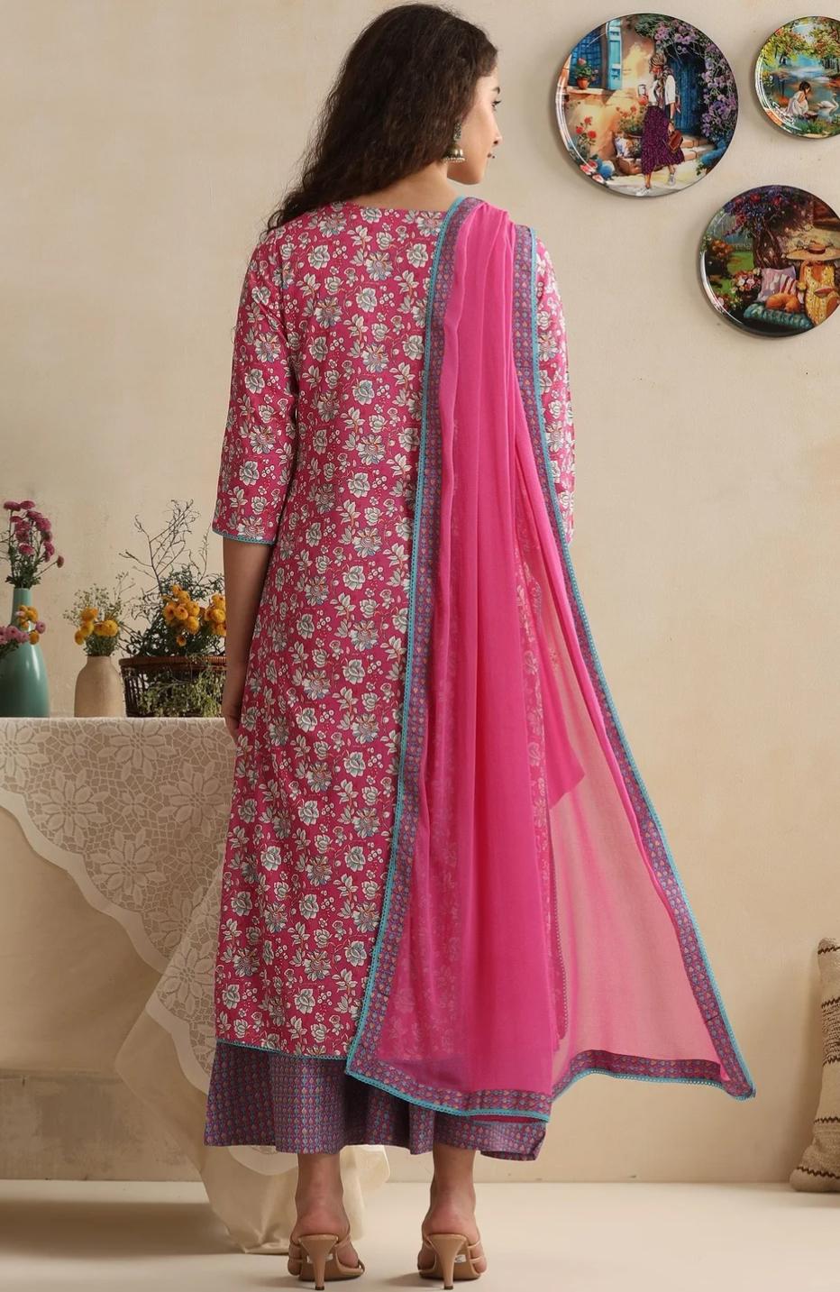 LAEMEEO Women's Floral Printed Regular Pure Cotton Kurta with Palazzos & With Dupatta