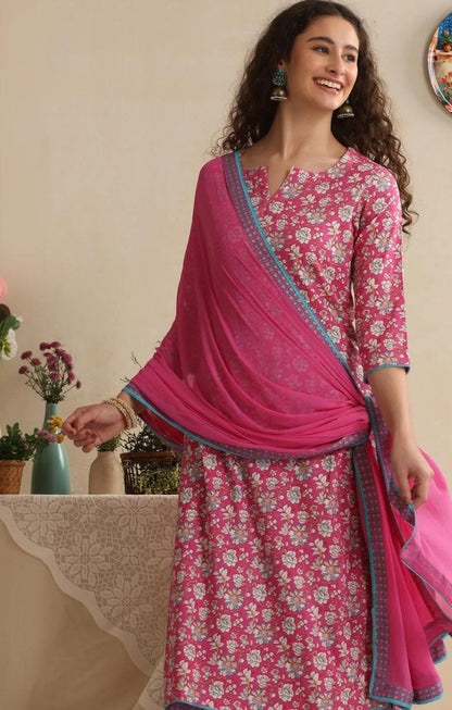 LAEMEEO Women's Floral Printed Regular Pure Cotton Kurta with Palazzos & With Dupatta
