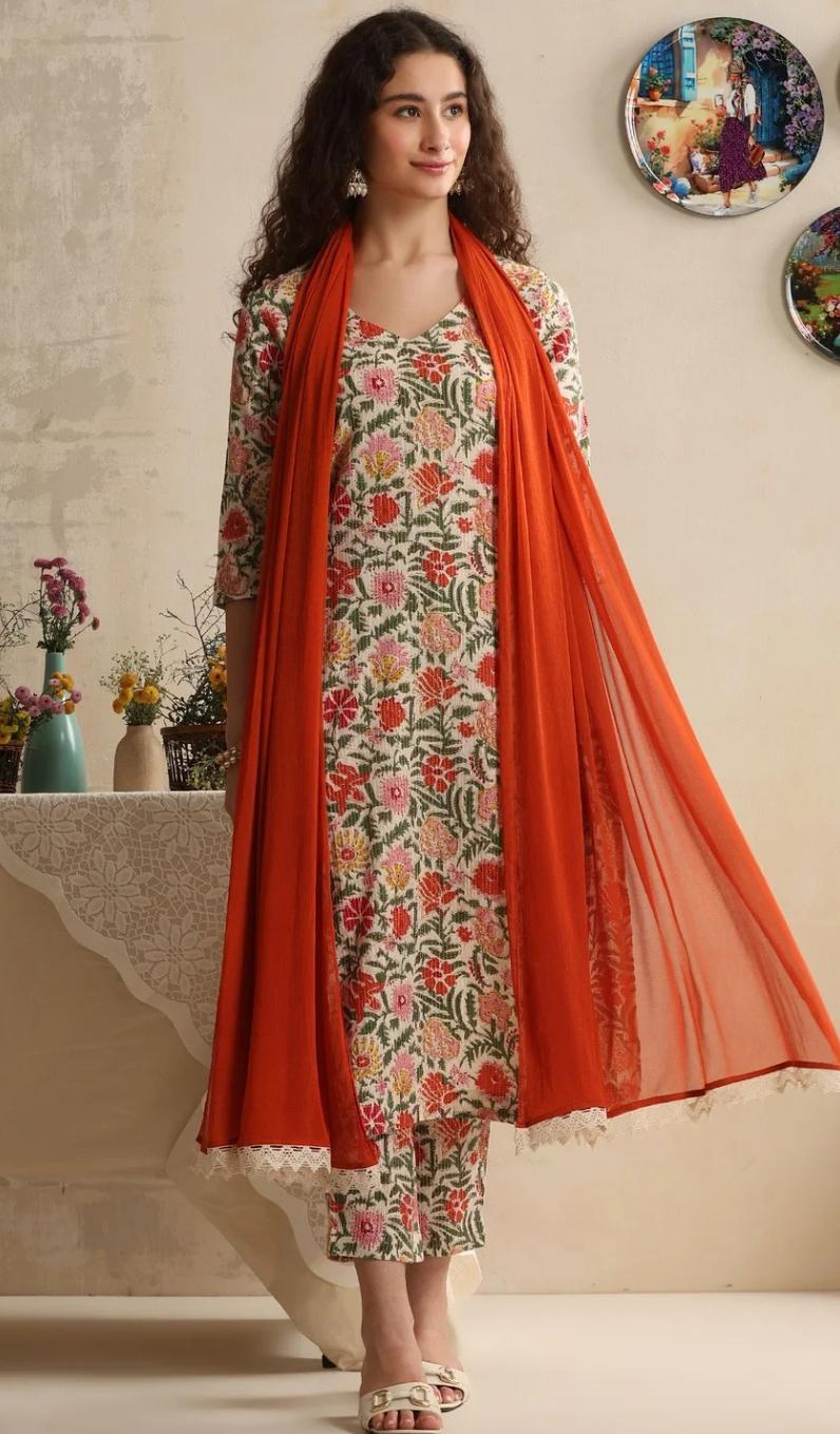 LAEMEEO Women's Floral Printed Regular Pure Cotton Kurta with Trousers & With Dupatta