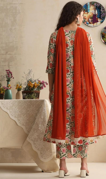 LAEMEEO Women's Floral Printed Regular Pure Cotton Kurta with Trousers & With Dupatta