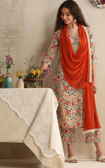 LAEMEEO Women's Floral Printed Regular Pure Cotton Kurta with Trousers & With Dupatta