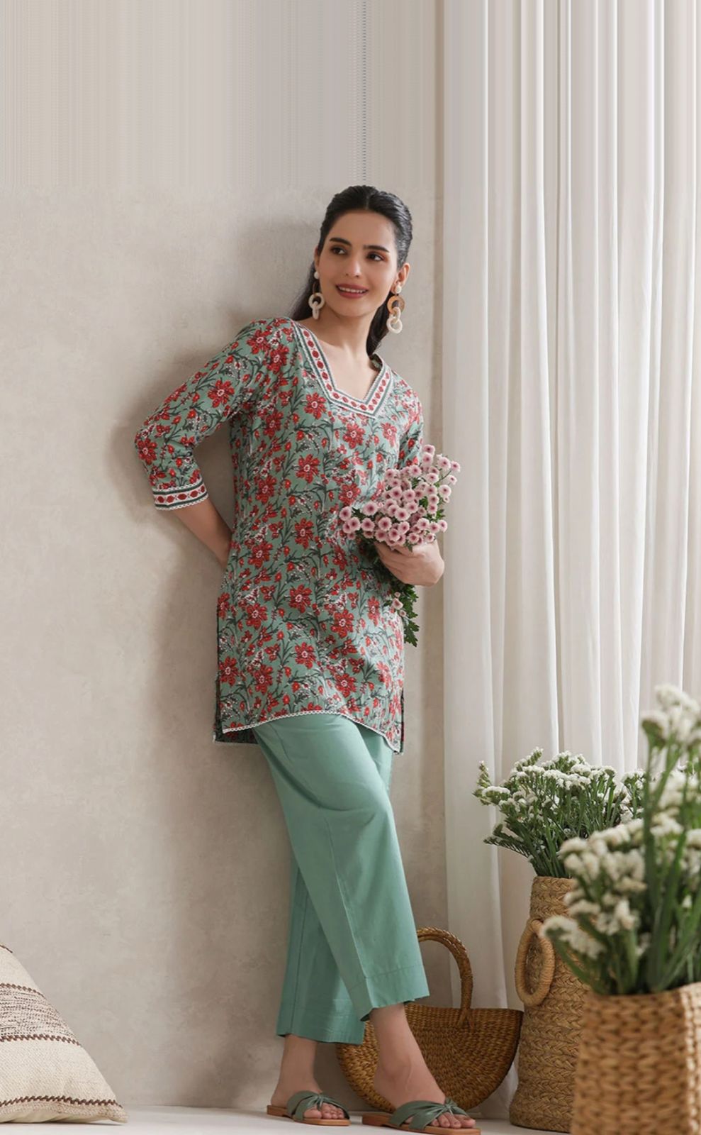 LAEMEEO Floral Printed Cotton V-Neck Tunic With Trouser Co-Ords