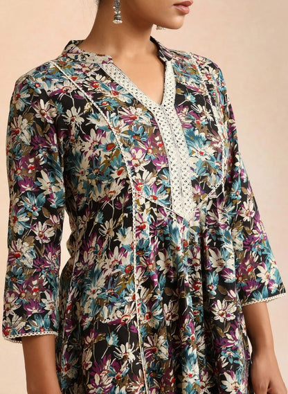 LAEMEEO Floral Printed V-Neck Pure Cotton Tunic & Palazzos
