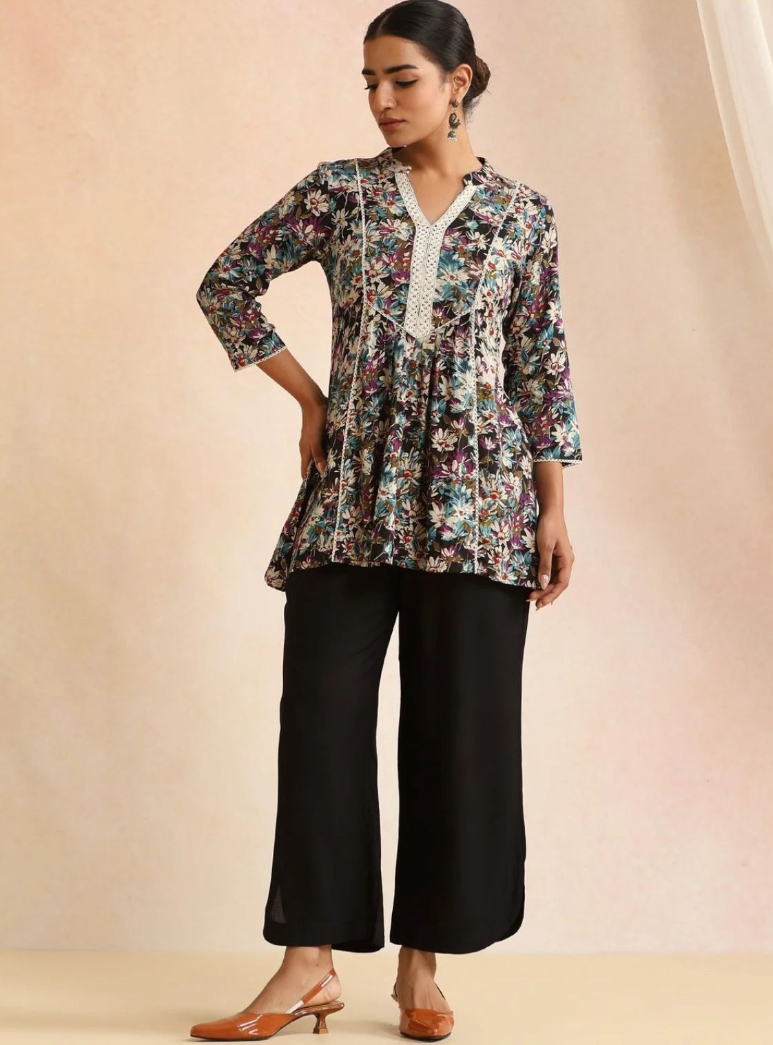 LAEMEEO Floral Printed V-Neck Pure Cotton Tunic & Palazzos