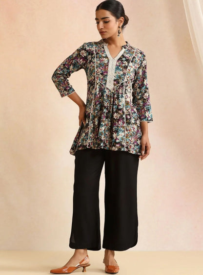LAEMEEO Floral Printed V-Neck Pure Cotton Tunic & Palazzos