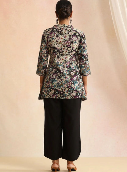 LAEMEEO Floral Printed V-Neck Pure Cotton Tunic & Palazzos