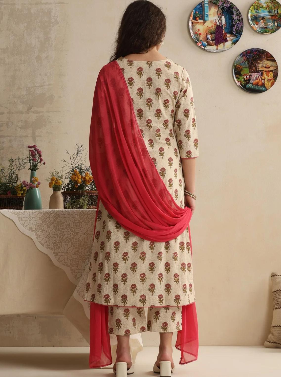 LAEMEEO Women Floral Printed Regular Pure Cotton Kurta with Trousers & With Dupatta