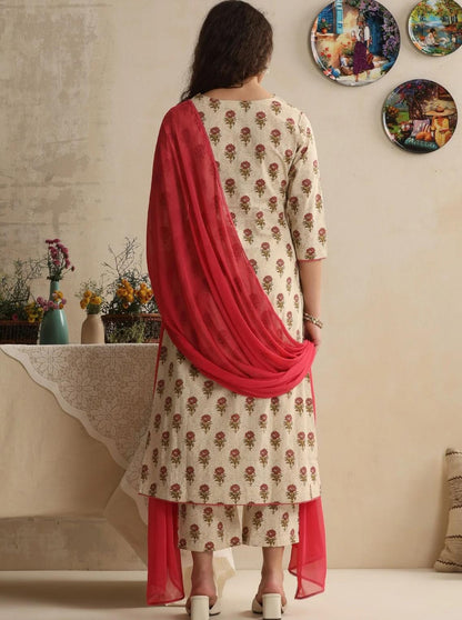 LAEMEEO Women Floral Printed Regular Pure Cotton Kurta with Trousers & With Dupatta
