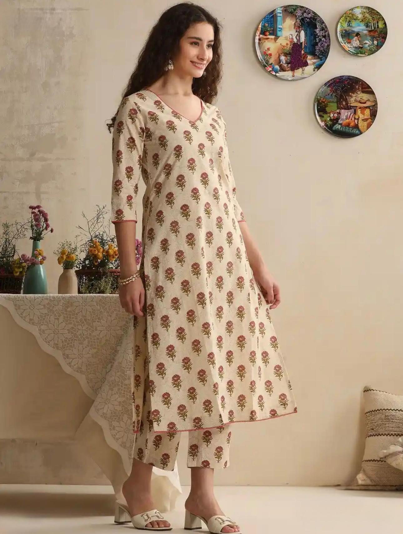 LAEMEEO Women Floral Printed Regular Pure Cotton Kurta with Trousers & With Dupatta