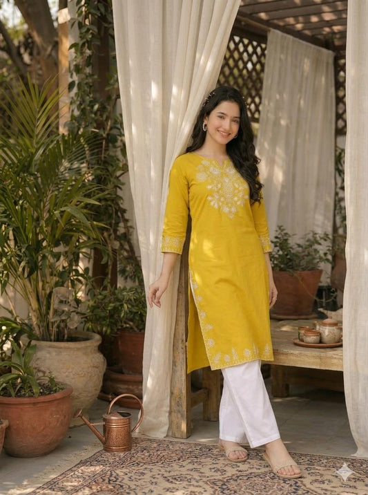LAEMEEO lemon Yellow Cotton Kurta with White Palazzo Set