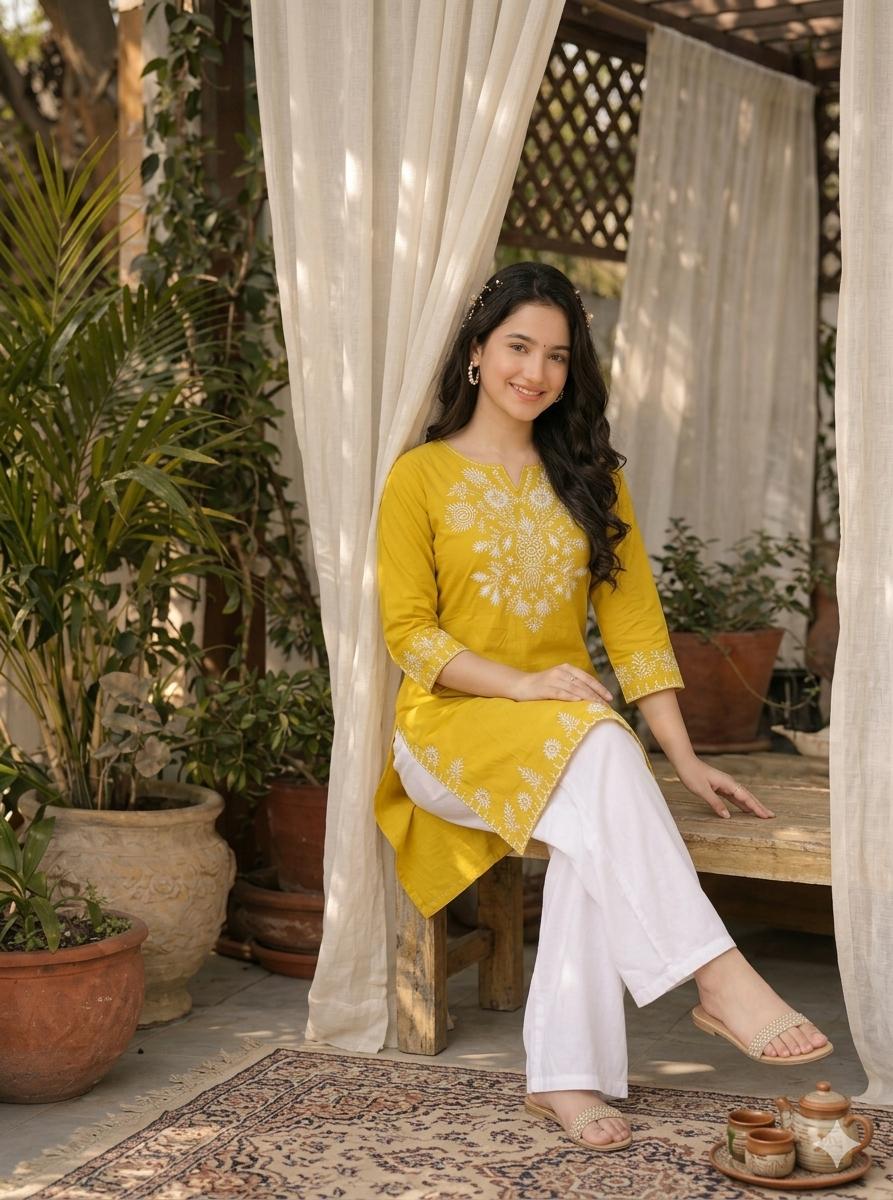LAEMEEO lemon Yellow Cotton Kurta with White Palazzo Set