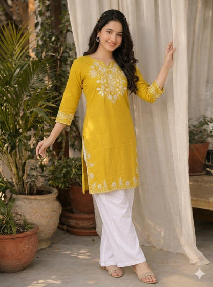 LAEMEEO lemon Yellow Cotton Kurta with White Palazzo Set