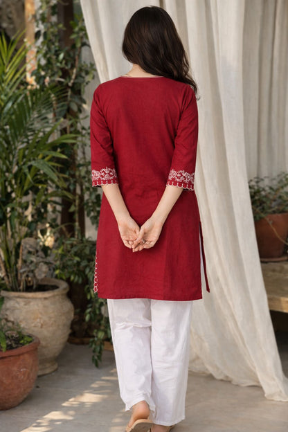 LAEMEEO Maroon Cotton Kurta with White Palazzo Set