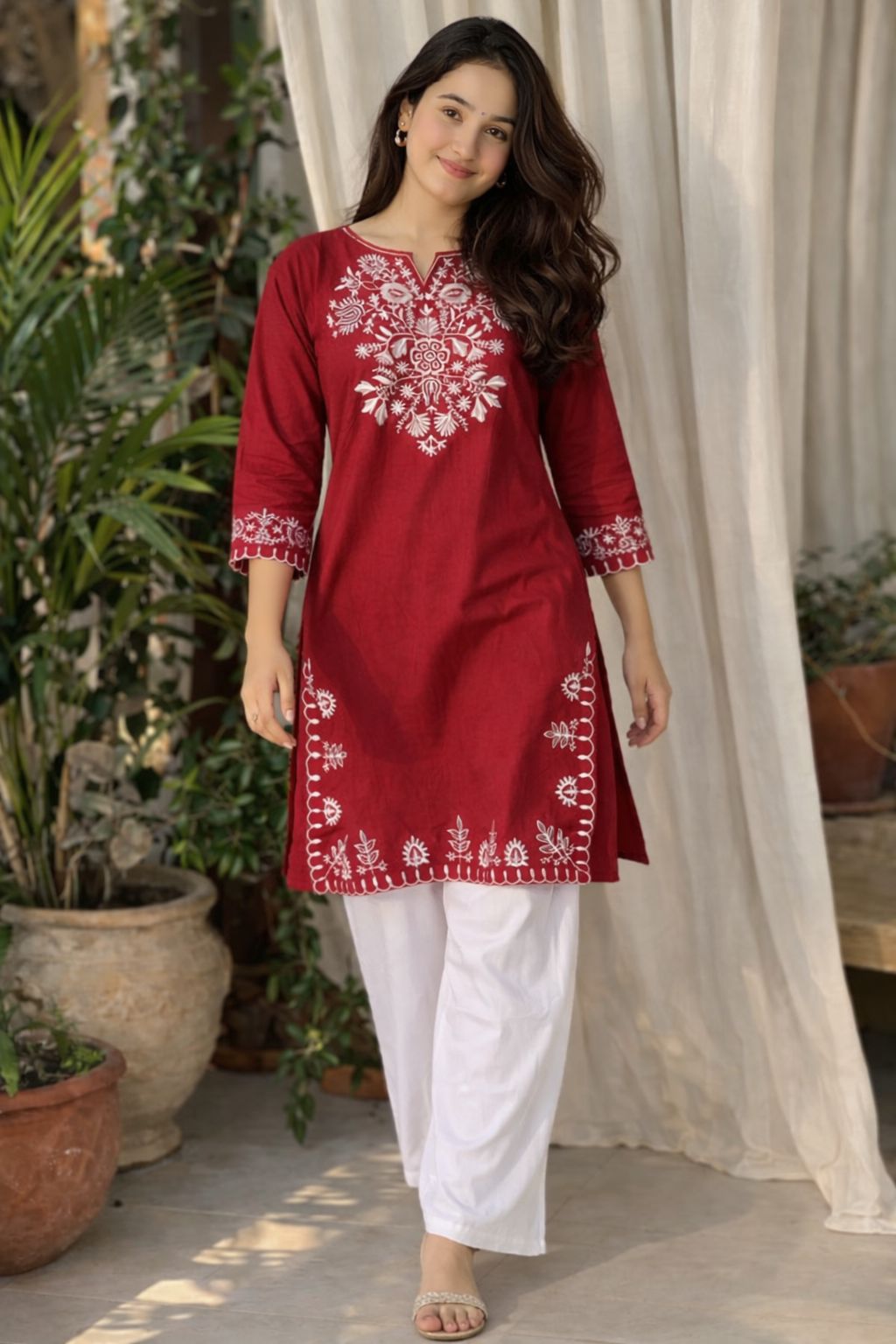 LAEMEEO Maroon Cotton Kurta with White Palazzo Set