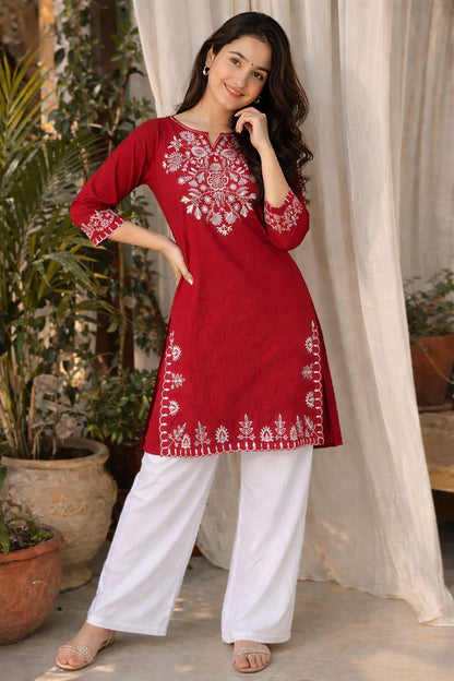 LAEMEEO Maroon Cotton Kurta with White Palazzo Set