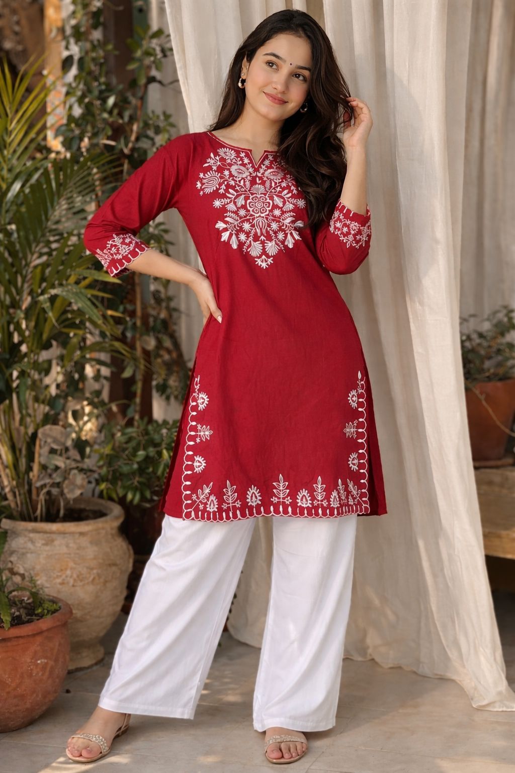 LAEMEEO Maroon Cotton Kurta with White Palazzo Set