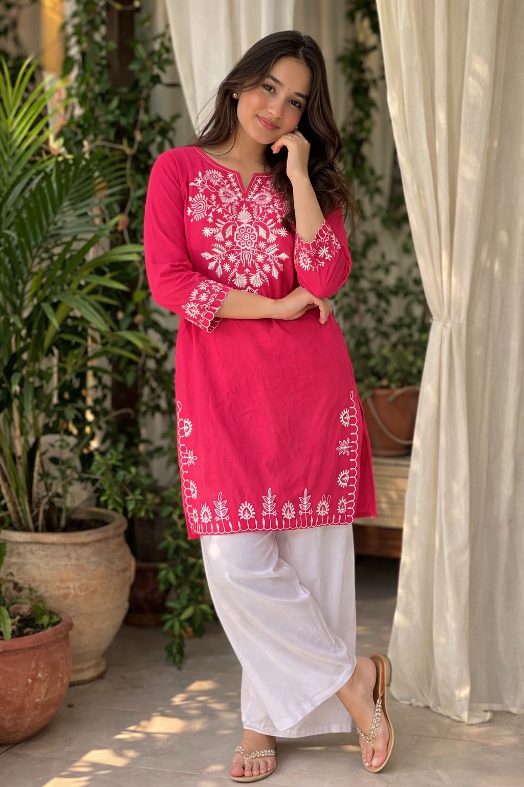 LAEMEEO Pink Cotton Kurta with White Palazzo Set