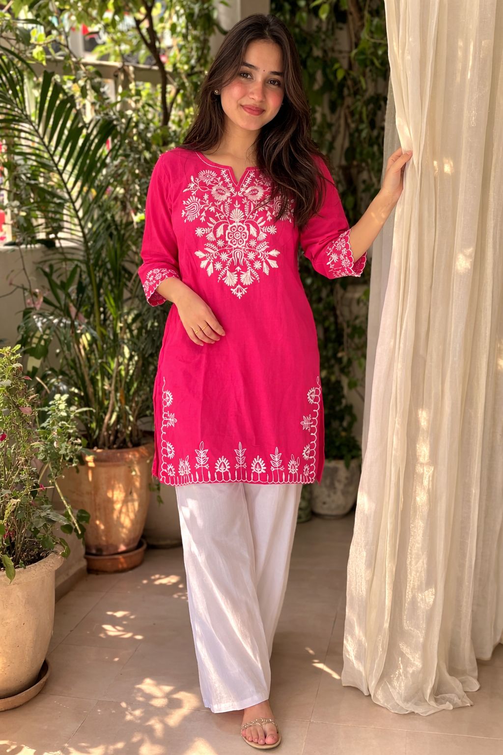 LAEMEEO Pink Cotton Kurta with White Palazzo Set