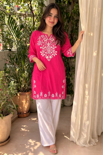 LAEMEEO Pink Cotton Kurta with White Palazzo Set