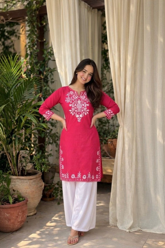 LAEMEEO Pink Cotton Kurta with White Palazzo Set