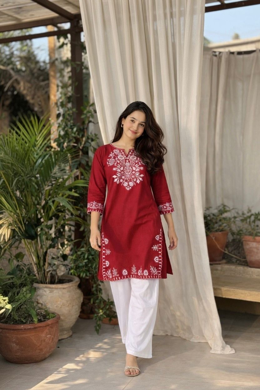 LAEMEEO Maroon Cotton Kurta with White Palazzo Set