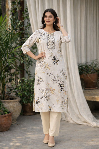LAEMEEO White Floral Printed Rayon Kurti