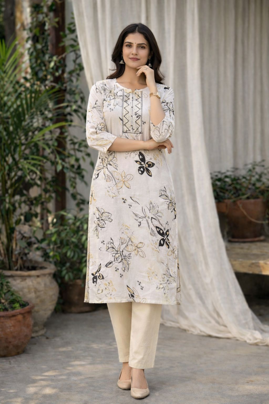 LAEMEEO White Floral Printed Rayon Kurti