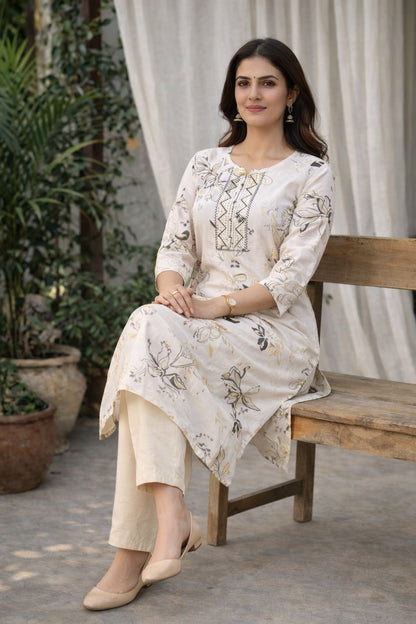 LAEMEEO White Floral Printed Rayon Kurti