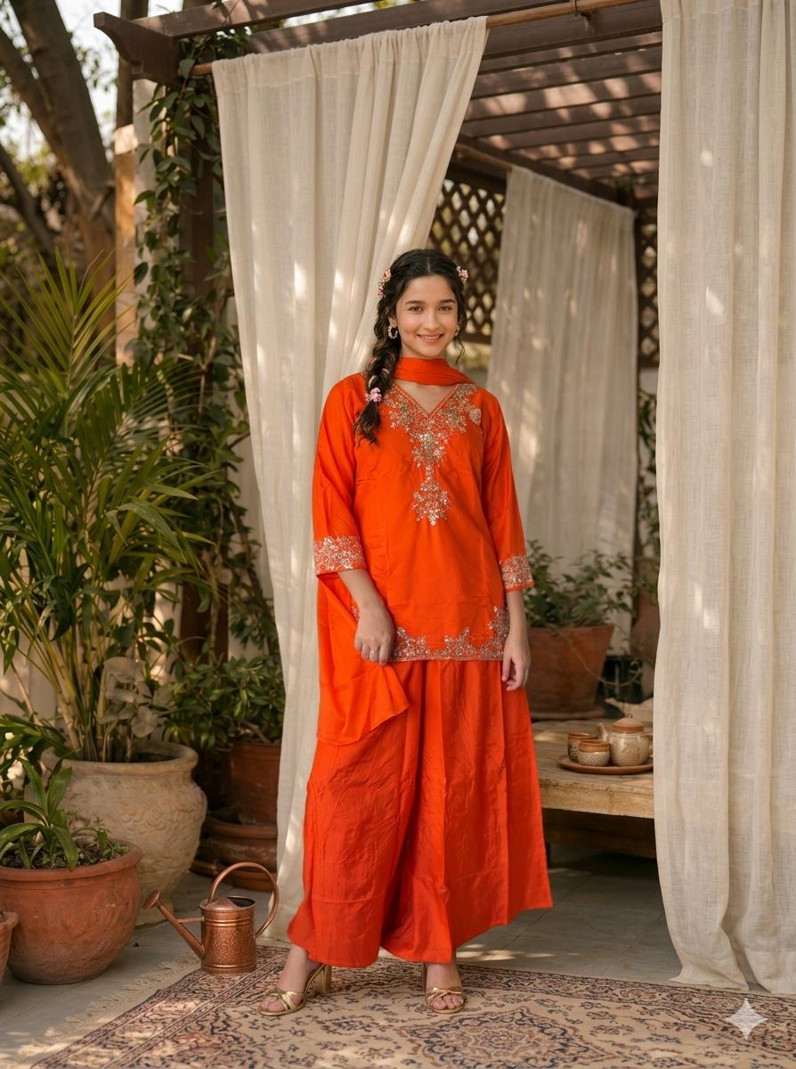 LAEMEEO Orange Embroidered Kurta with Flared Palazzos 3PCS SET