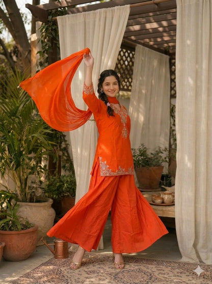 LAEMEEO Orange Embroidered Kurta with Flared Palazzos 3PCS SET