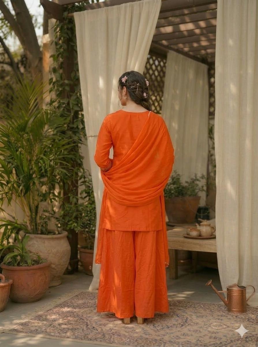 LAEMEEO Orange Embroidered Kurta with Flared Palazzos 3PCS SET