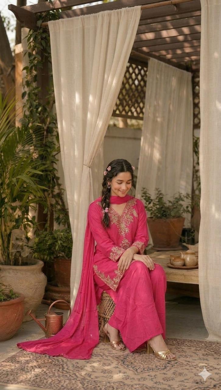 LAEMEEO Pink Embroidered Kurta with Flared Palazzos & Dupatta 3-Piece Set