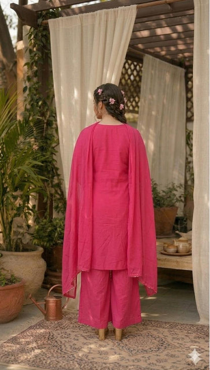 LAEMEEO Pink Embroidered Kurta with Flared Palazzos & Dupatta 3-Piece Set