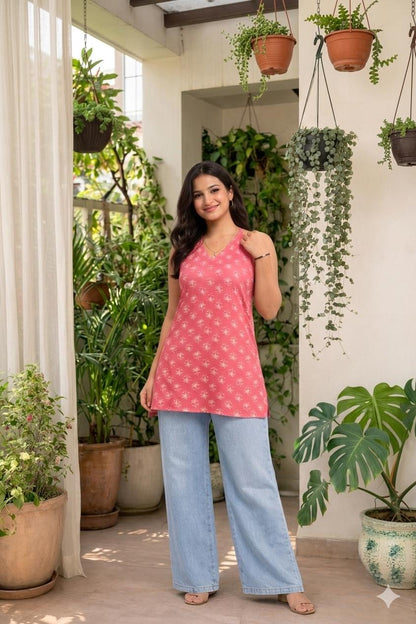 LAEMEEO Cotton Printed Sleeveless Short Kurti