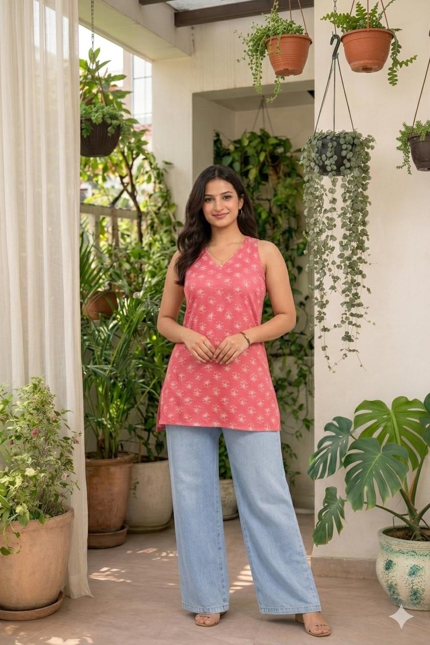 LAEMEEO Cotton Printed Sleeveless Short Kurti