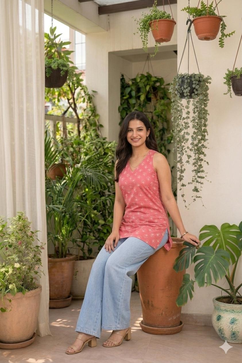LAEMEEO Cotton Printed Sleeveless Short Kurti