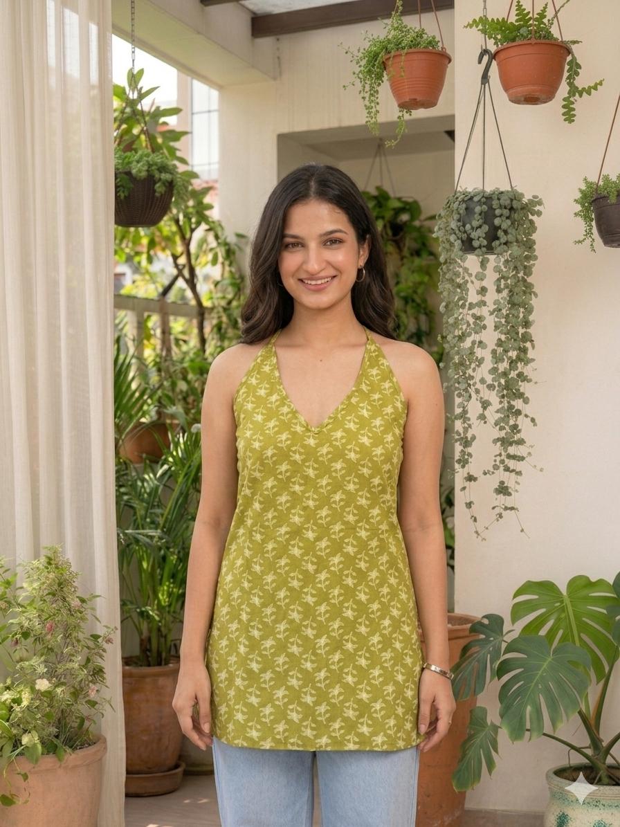 LAEMEEO Women's green Printed Sleeveless Short Kurti