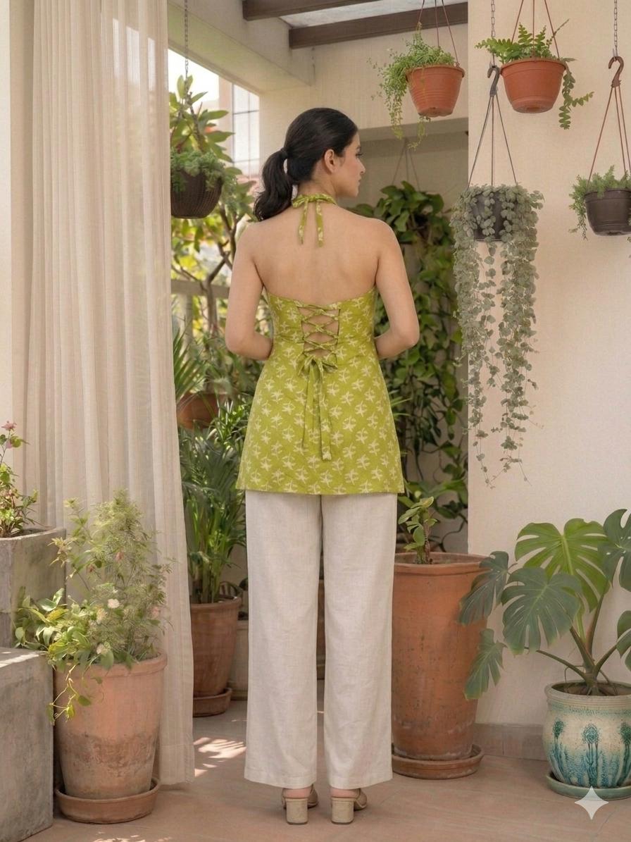 LAEMEEO Women's green Printed Sleeveless Short Kurti