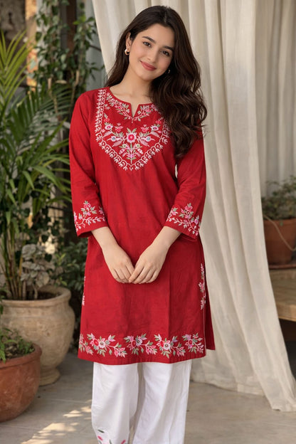 LAEMEEO Red Embroidered Cotton Kurta with White Pant, 2pcs
