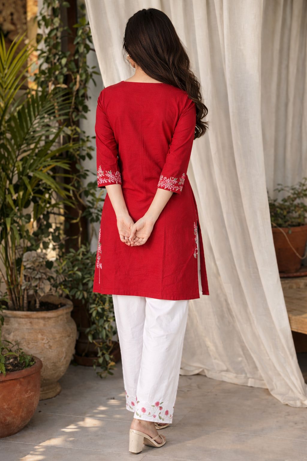 LAEMEEO Red Embroidered Cotton Kurta with White Pant, 2pcs