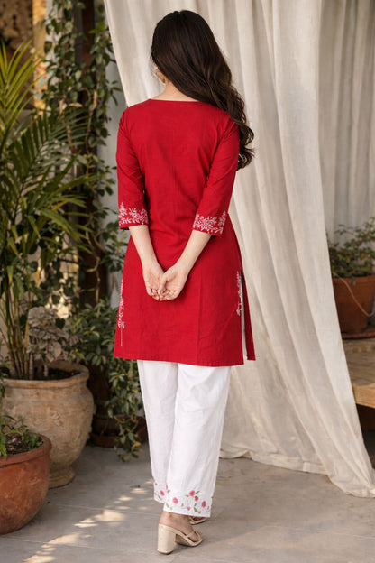 LAEMEEO Red Embroidered Cotton Kurta with White Pant, 2pcs