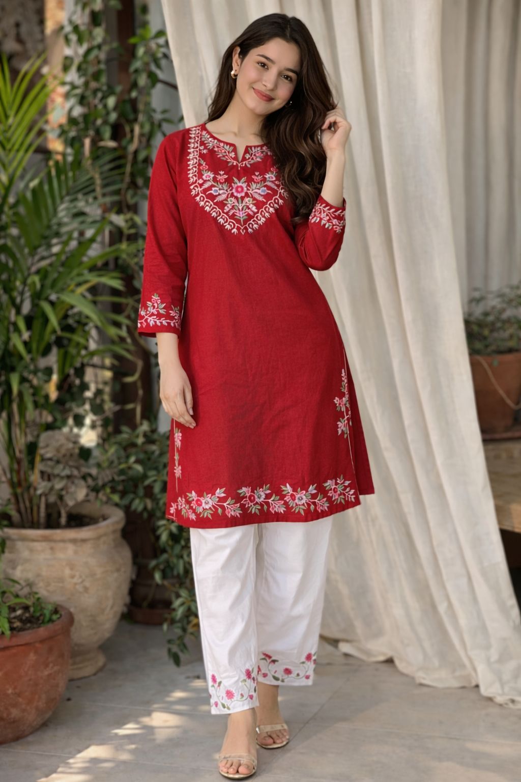 LAEMEEO Red Embroidered Cotton Kurta with White Pant, 2pcs