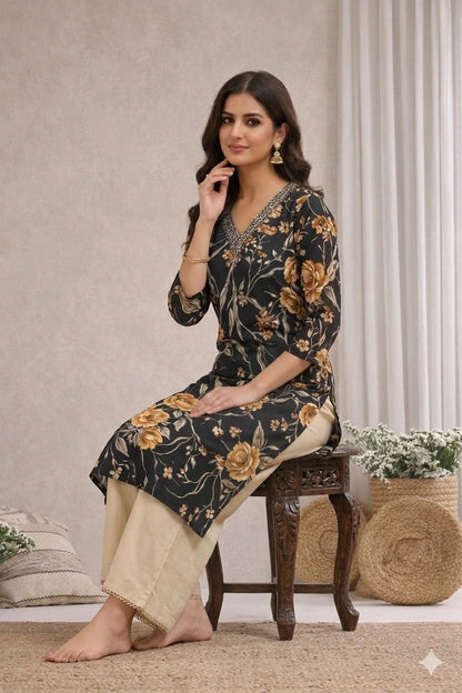 LAEMEEO Floral Printed Straight Kurti