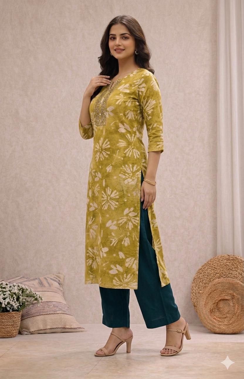 LAEMEEO Green Floral Printed Rayon Kurti