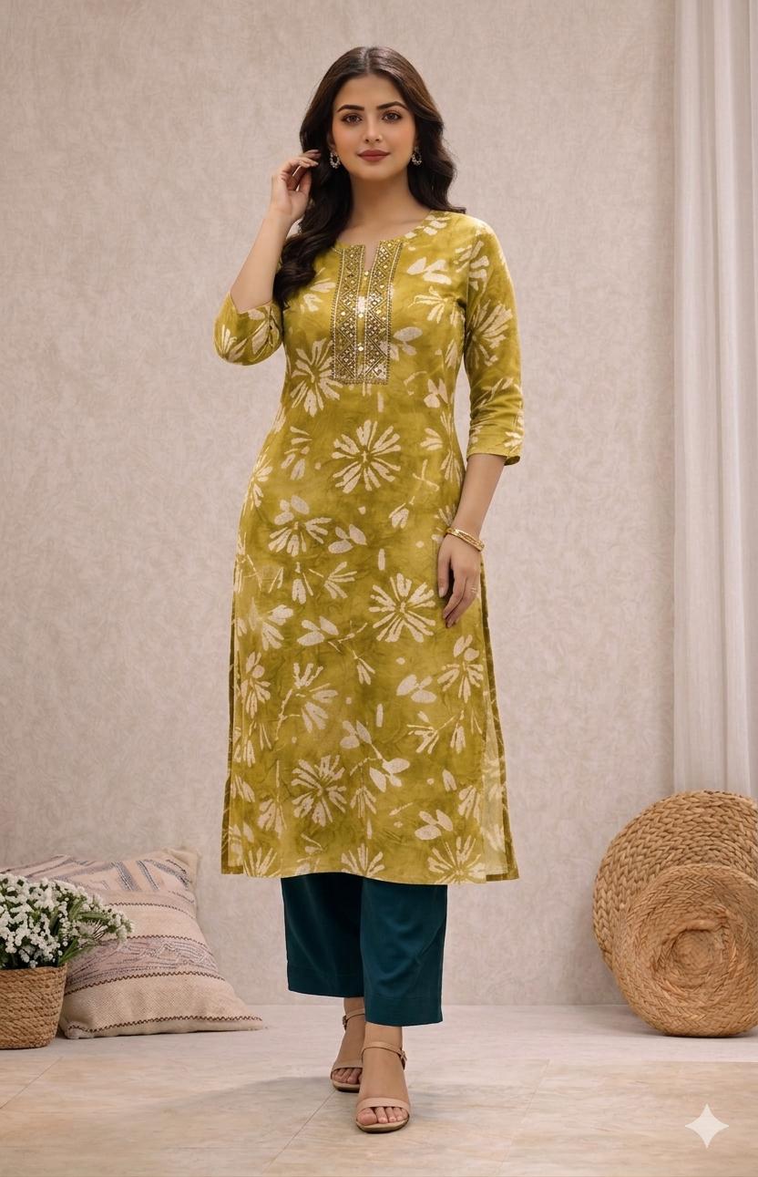 LAEMEEO Green Floral Printed Rayon Kurti